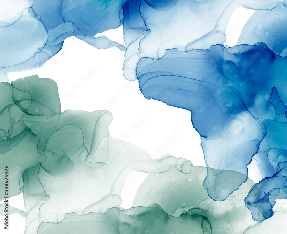 Blue with green alcohol ink texture. Abstract hand painted background. Fluid art painting design. Trendy wallpaper.
