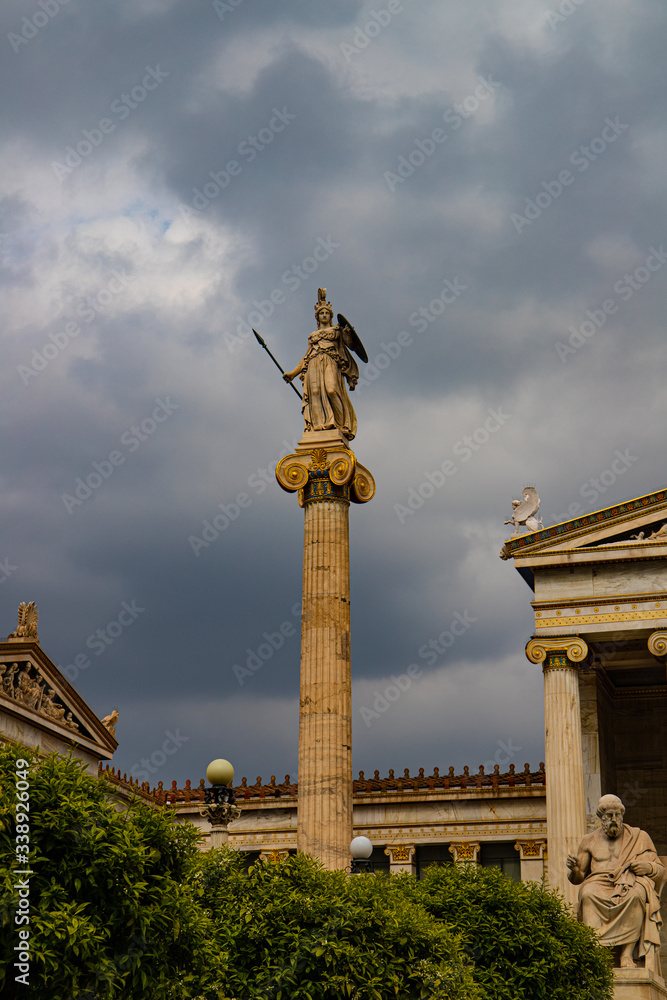 statue of  athena, the greek god of  beuty, wisdom, olive, strategy and war. It adorns besides the Academy of Athens entrance.