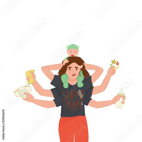 Tired multi armed like Shiva mother doing a lot works at one time - holding her adorable baby in green bear costume on her shoulders,in others hands napkin and sponge, feeding bottle, rattle. 