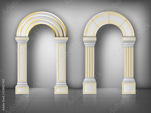 Arches with columns in wall, interior gates with white pillars and gold decoration in palace or castle. Archway frames, portal entrance, antique doorways or niches. Realistic 3d vector illustration