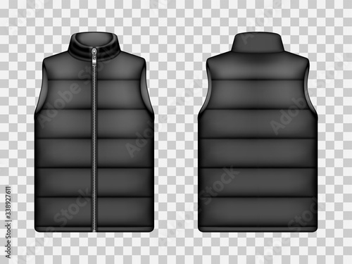 Sleeveless jacket, puffer vest. Black down waistcoat front and back view. Vector realistic mockup of warm casual clothes with zipper for winter and cold weather isolated on transparent background