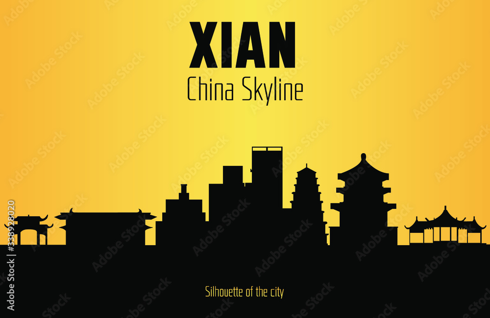 Xian China city silhouette and yellow background. Xian China Skyline.