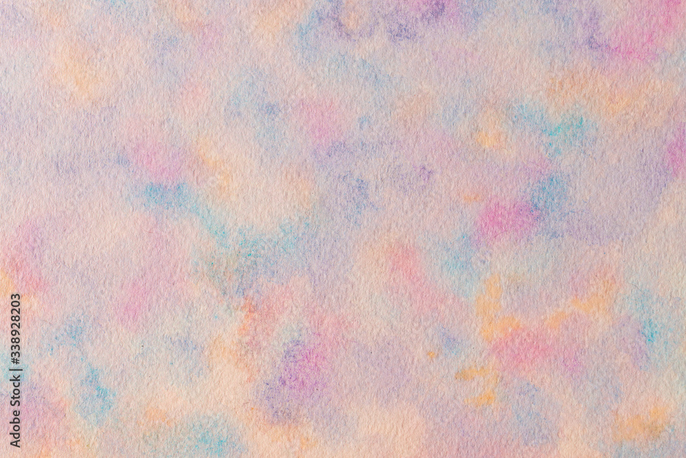 Illustration for print or template for web. Soft pastel-colored abstract clouds background created with watercolor on wet aquarelle paper. Intuitive painting, art therapy, stress-relieving technique.