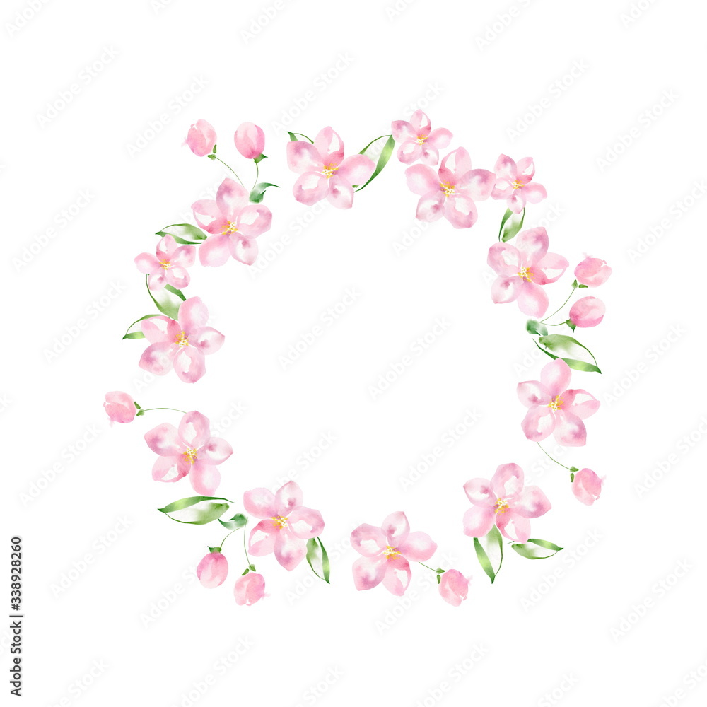 Round frame of delicate Apple flowers. Watercolor illustration. Isolated on a white background. Perfect for decorating wedding invitations, albums and posters Round frame of delicate Apple flowers. Watercolor illustration. Isolated on a white background. Perfect for decorating wedding invitations, albums and posters