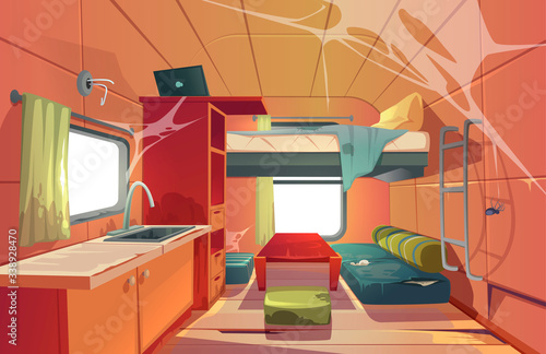 Abandoned camping trailer car interior with loft bed, ragged couch, kitchen sink, desk with laptop, bookshelf and window covered with spider web. Neglected Rv motor home. Cartoon vector illustration