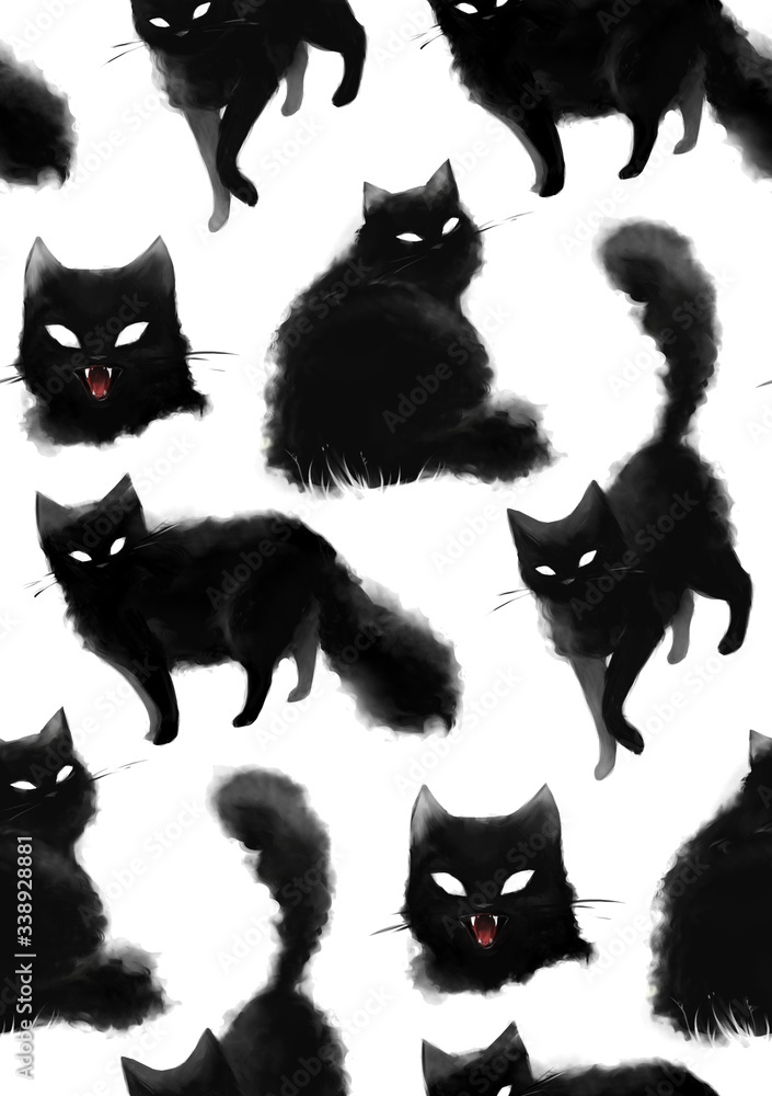 Seamless pattern with black cats. Digital animal texture. Repeated pattern with black fluffy cats. Seamless pattern with black cats. Digital animal texture. Repeated pattern with black fluffy cats.