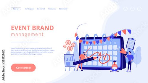 Colleagues preparing for corporate party. Time management, deadline. Brand event. Event brand management, sponsored event organization concept. Website homepage landing web page template.