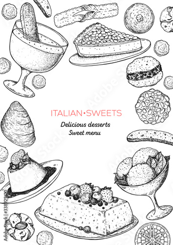 Italian dessert vector illustration. Italian sweet hand drawn sketch. Baking collection. Vintage design template. Torta della nonna, zabaglione, semifreddo, gelato, panna cotta, pizzelle illustration