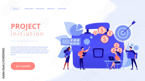 Executive manager planning and monitoring presentation. Project initiation, project initiation documentation, determine your goals concept. Website homepage landing web page template.