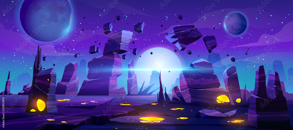Space game background, night alien fantasy landscape with flying rocks,  planets in dark starry sky. Extraterrestrial glowing liquid plasma spots in  cracked land surface, Cartoon vector illustration Stock Vector | Adobe Stock