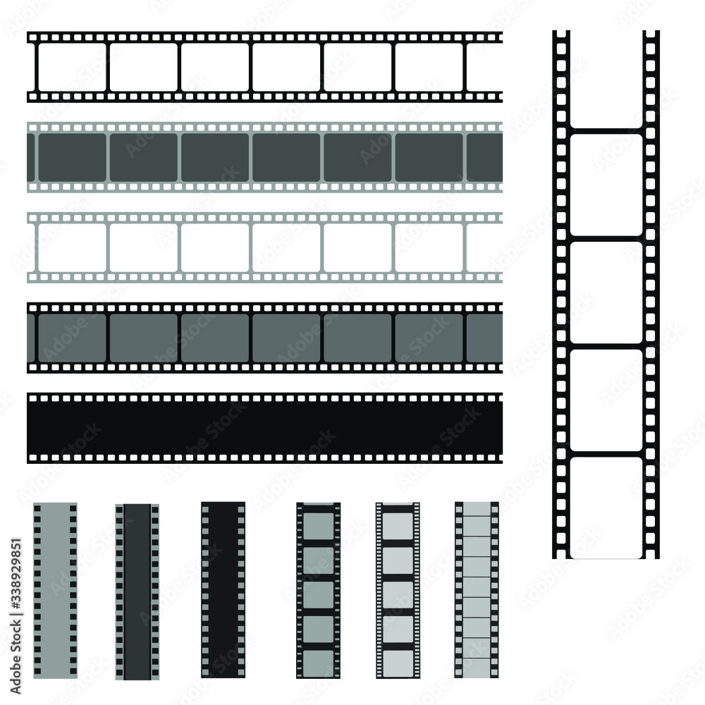 	
Film strip templates. Cinema monochrome border celluloid tape, media empty image photo video vintage frame movie reel vector set