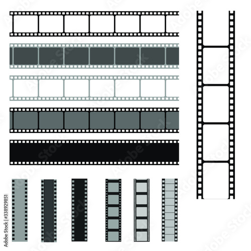  Film strip templates. Cinema monochrome border celluloid tape, media empty image photo video vintage frame movie reel vector set