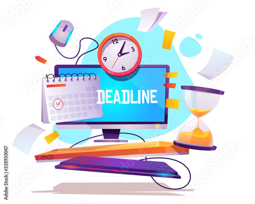 Deadline in work. Concept of appointment event on due date and schedule. Vector cartoon illustration with computer, calendar, clock and hourglass. Project deadline, job organization