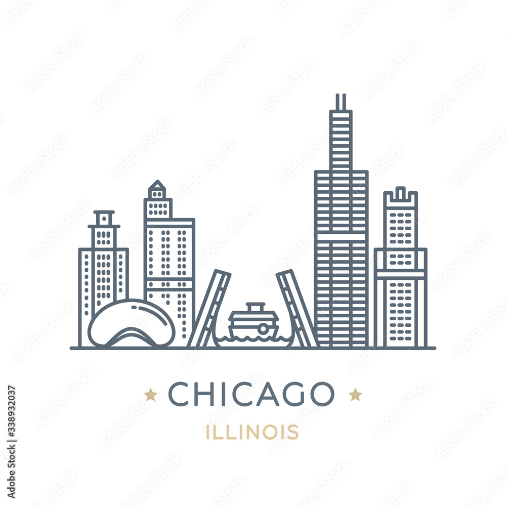 Obraz premium Miasto Chicago, stan Illinois. Ikona linii słynnego i największego miasta USA. Ikonę konturu dla sieci web, mobile i infografiki. Zabytki i słynny budynek. Ilustracja wektorowa, biały na białym tle.