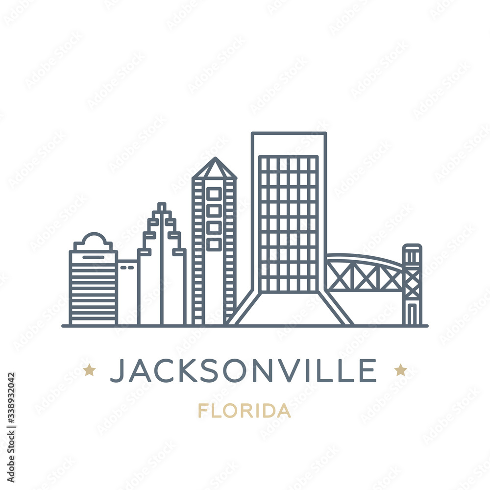 City Jacksonville, state of Florida. Line icon of famous and largest city of USA. Outline icon for web, mobile and infographics. Landmarks and famous building. Vector illustration, white isolated. 