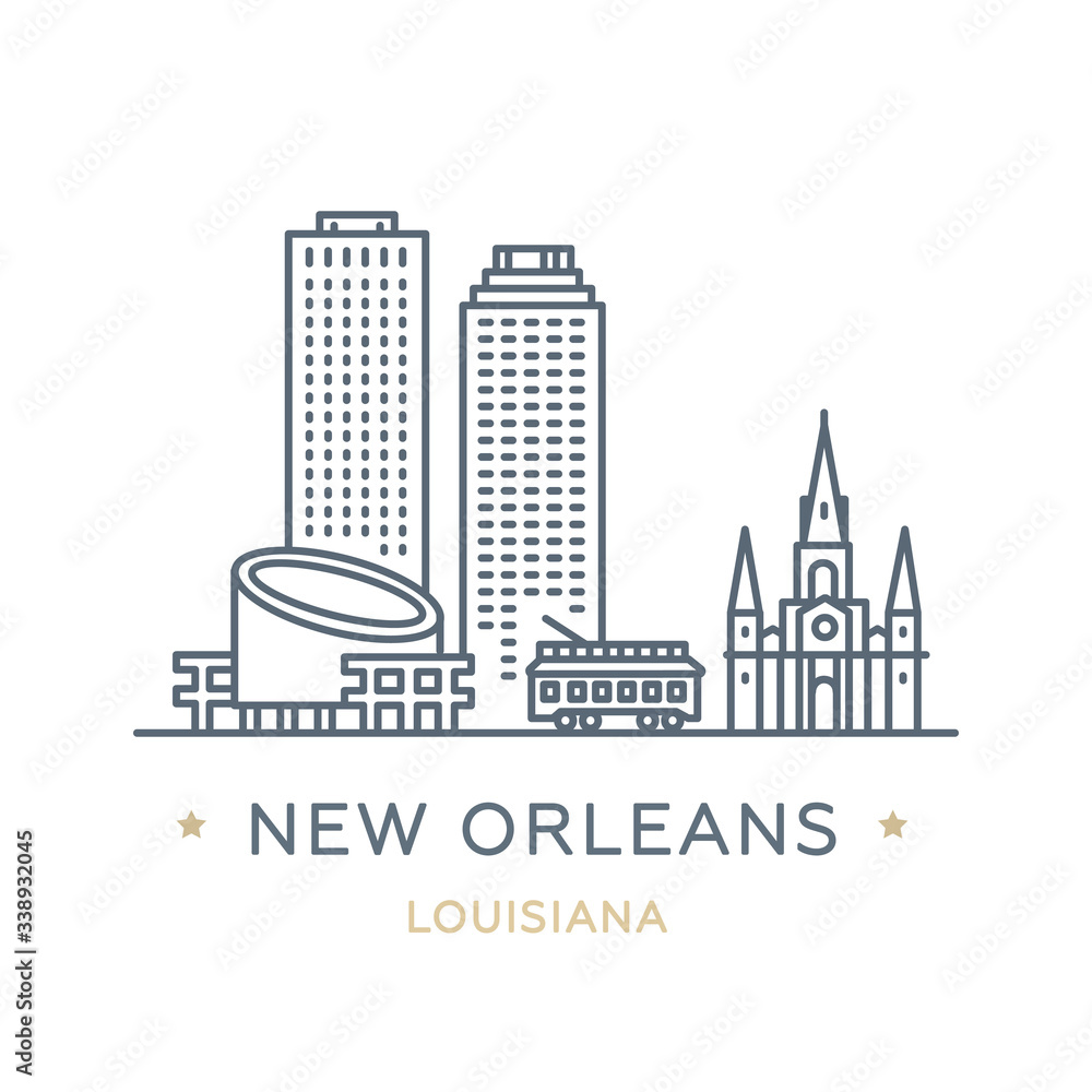 City New Orleans, state of Louisiana. Line icon of famous and largest city of USA. Outline icon for web, mobile and infographics. Landmarks and famous building. Vector illustration, white isolated. 