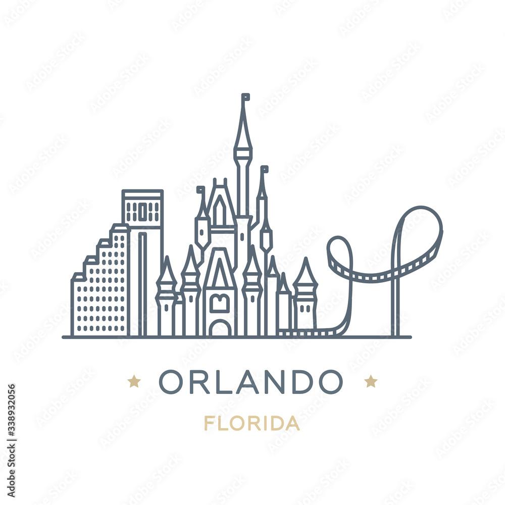 City Orlando, state of Florida. Line icon of famous and largest city of USA. Outline icon for web, mobile and infographics. Landmarks and famous building. Vector illustration, white isolated. 