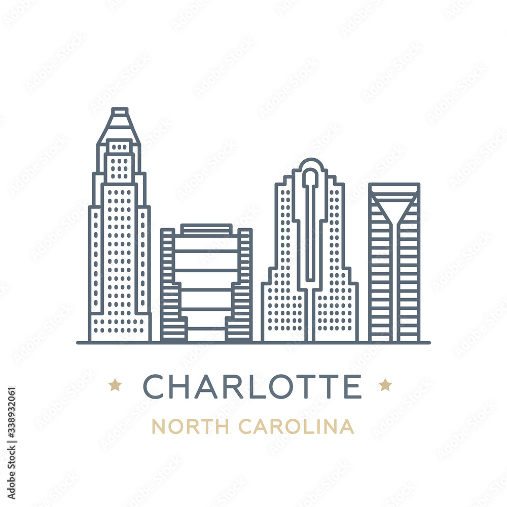 City Charlotte, state of North Carolina. Line icon of famous and largest city of USA. Outline icon for web, mobile and infographics. Landmarks and famous building. Vector illustration, white isolated