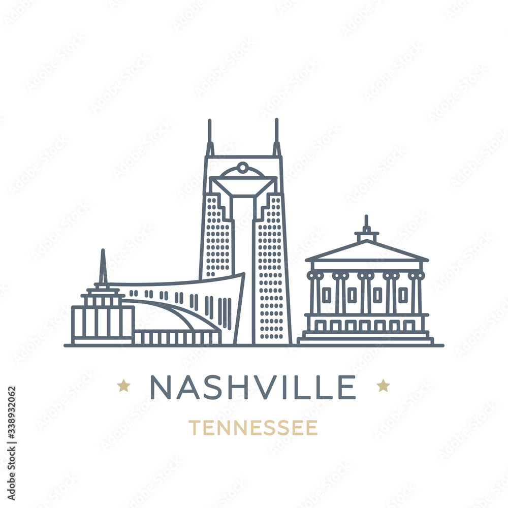 City Nashville, state of Tennessee. Line icon of famous and largest city of USA. Outline icon for web, mobile and infographics. Landmarks and famous building. Vector illustration, white isolated. 
