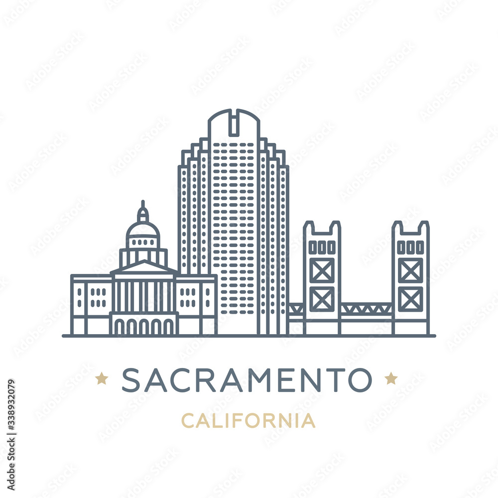 City Sacramento, state of California. Line icon of famous and largest city of USA. Outline icon for web, mobile and infographics. Landmarks and famous building. Vector illustration, white isolated. 