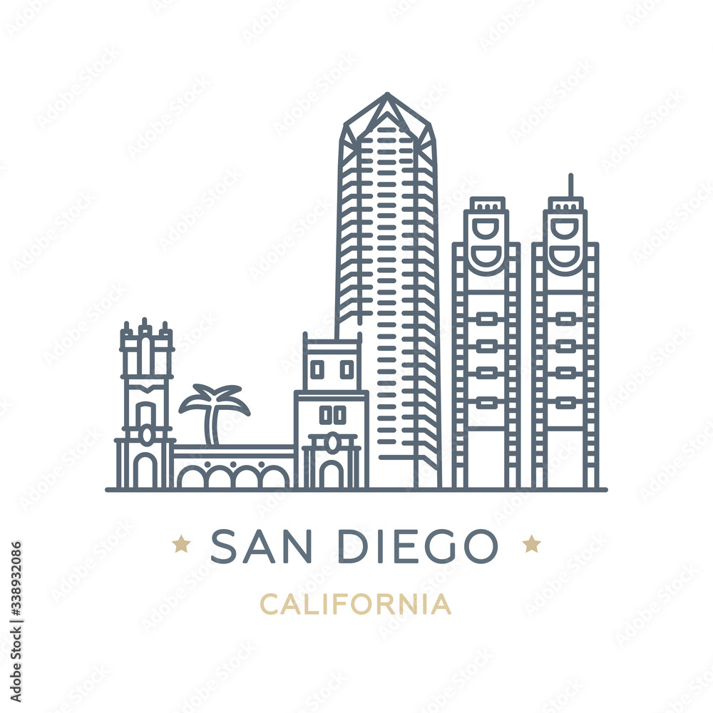 City San Diego, state of California. Line icon of famous and largest city of USA. Outline icon for web, mobile and infographics. Landmarks and famous building. Vector illustration, white isolated. 