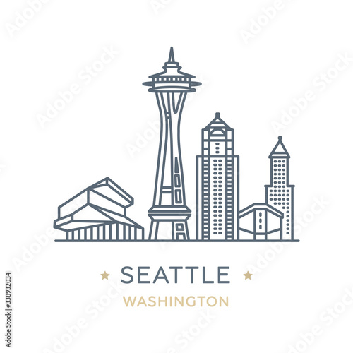 City Seattle, state of Washington. Line icon of famous and largest city of USA. Outline icon for web, mobile and infographics. Landmarks and famous building. Vector illustration, white isolated. 