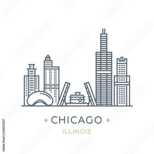 City Chicago  state of Illinois. Line icon of famous and largest city of USA. Outline icon for web  mobile and infographics. Landmarks and famous building. Vector illustration  white isolated. 