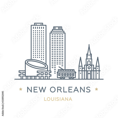 City New Orleans, state of Louisiana. Line icon of famous and largest city of USA. Outline icon for web, mobile and infographics. Landmarks and famous building. Vector illustration, white isolated. 