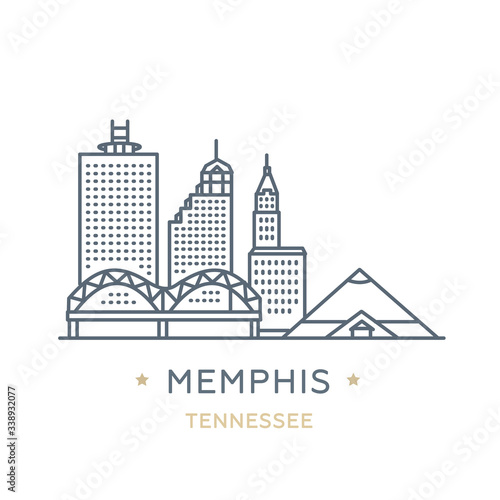 City Memphis, state of Tennessee. Line icon of famous and largest city of USA. Outline icon for web, mobile and infographics. Landmarks and famous building. Vector illustration, white isolated. 