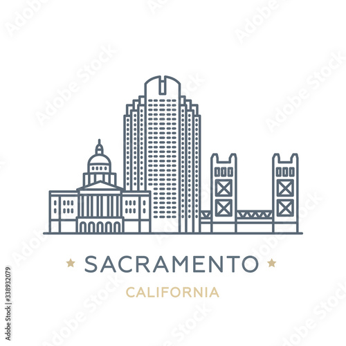 City Sacramento  state of California. Line icon of famous and largest city of USA. Outline icon for web  mobile and infographics. Landmarks and famous building. Vector illustration  white isolated. 