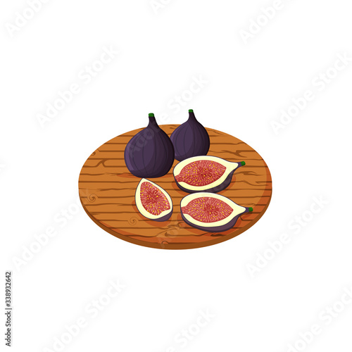 Whole fig fruit, its halves and slices lying on wooden kitchen board, isolated on white background. Vector flat illustration.