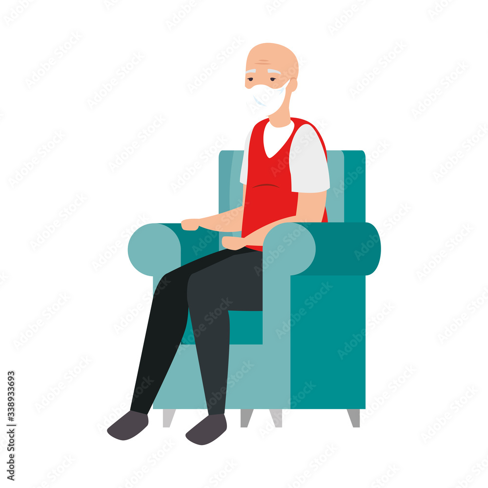 old man with face mask sitting in couch vector illustration design