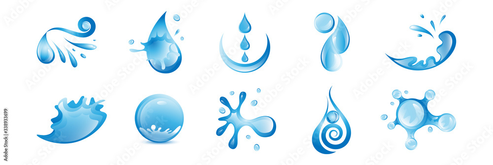 Fototapeta premium Water Splash Vector And Drop Set - Isolated On White. Vector Collection Of Flat Water Splash and Drop Logo. Icons For Droplet, Water Wave, Rain, Raindrop, Company Logo And Bubble Design