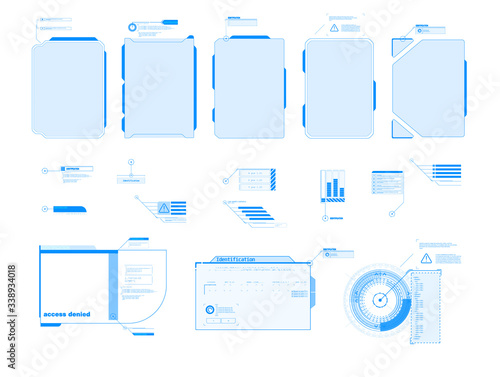 Futuristic Vector HUD Interface Screen Design. Digital callouts titles. HUD UI GUI futuristic user interface screen elements set. High tech screen for video game. Sci-fi concept design.