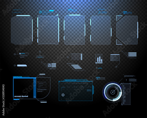 Futuristic Vector HUD Interface Screen Design. Digital callouts titles. HUD UI GUI futuristic user interface elements set. High tech screen for video game. Sci-fi concept design transparent Background