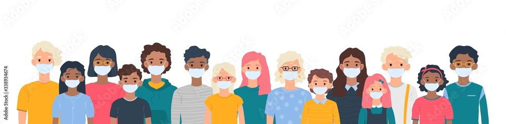 Children with medical masks on faces to protect their against coronavirus covid-19, 2019-nCov isolated on white background. Kids virus protection concept. Stay safe. Vector illustration Children with medical masks on faces to protect their against coronavirus covid-19, 2019-nCov isolated on white background. Kids virus protection concept. Stay safe. Vector illustration