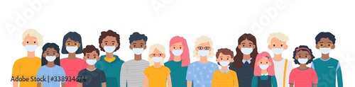 Children with medical masks on faces to protect their against coronavirus covid-19, 2019-nCov isolated on white background. Kids virus protection concept. Stay safe. Vector illustration