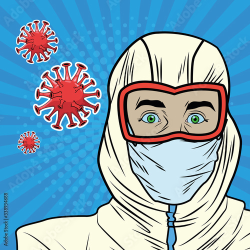 man with biosafety suit covid19 particles pandemic