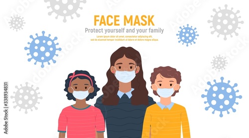 Children with medical masks on faces to protect their against coronavirus covid-19, 2019-nCov isolated on white background. Kids virus protection concept. Stay safe. Vector illustration