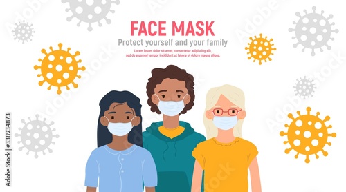 Children with medical masks on faces to protect their against coronavirus covid-19, 2019-nCov isolated on white background. Kids virus protection concept. Stay safe. Vector illustration