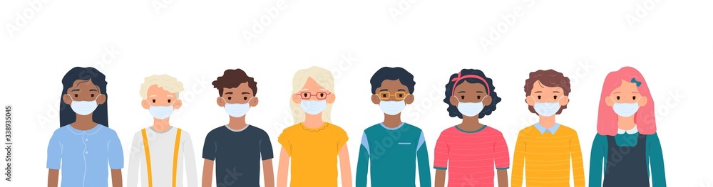 Children with medical masks on faces to protect their against coronavirus covid-19, 2019-nCov isolated on white background. Kids virus protection concept. Stay safe. Vector illustration