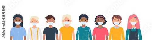 Children with medical masks on faces to protect their against coronavirus covid-19, 2019-nCov isolated on white background. Kids virus protection concept. Stay safe. Vector illustration