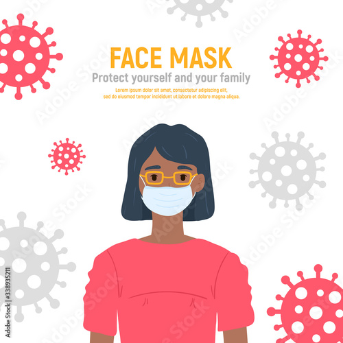 Girl with medical mask on face to protect her against coronavirus covid-19, 2019-nCov isolated on white background. Kids virus protection concept. Stay safe. Vector illustration