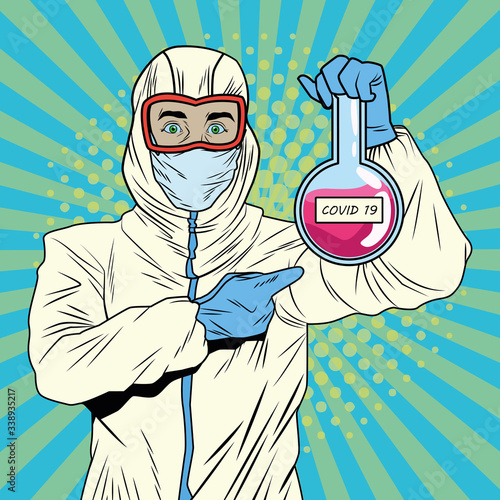 man with biosafety suit and tube test covid19