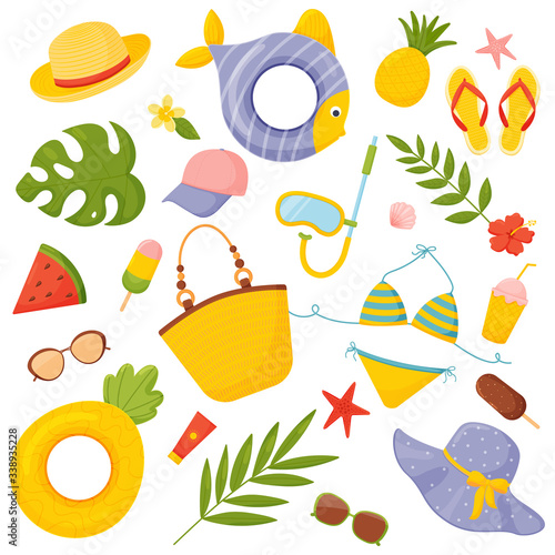 Summer beach set with hand drawn elements. Vector illustration on a white background.
