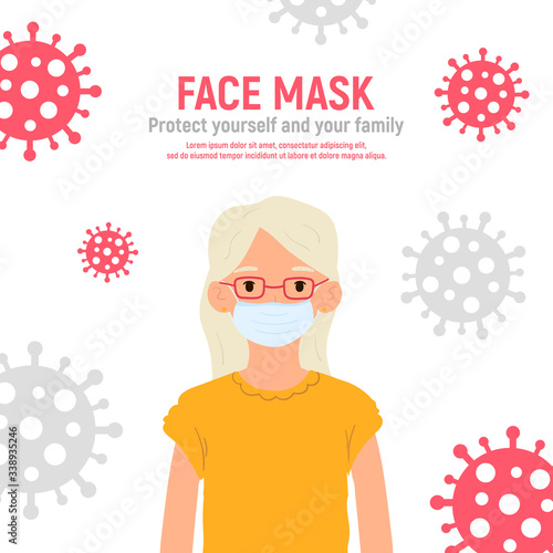 Girl with medical mask on face to protect her against coronavirus covid-19, 2019-nCov isolated on white background. Kids virus protection concept. Stay safe. Vector illustration