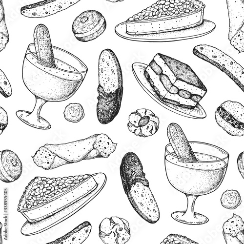 Desserts seamless pattern. Food illustration. Italian sweets. Hand drawn sketch. Menu design template.