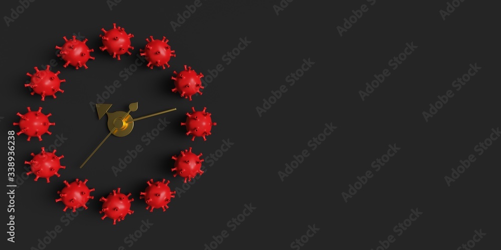 3d render. Clock in the form of viruses on a dark background.