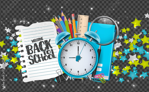 Welcome back to school banner with education supplies, stars, and glowing particles on transparent background. Decor for advertisement, book, magazine, website. vector illustration.
