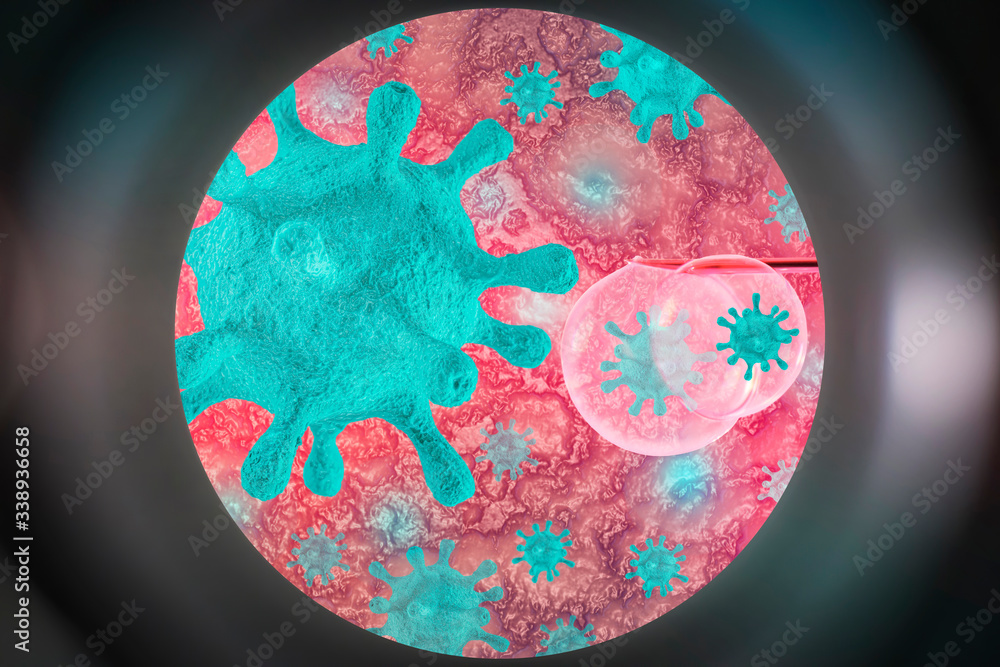 Image of coronavirus particles and a syringe needle through a microscope. 3D illustration